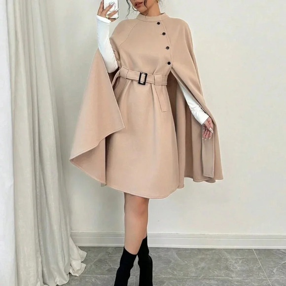 Khaki Elegant Women's Casual Cape Sleeve Button Decor Wool Blend Jacket - Picture 4 of 6